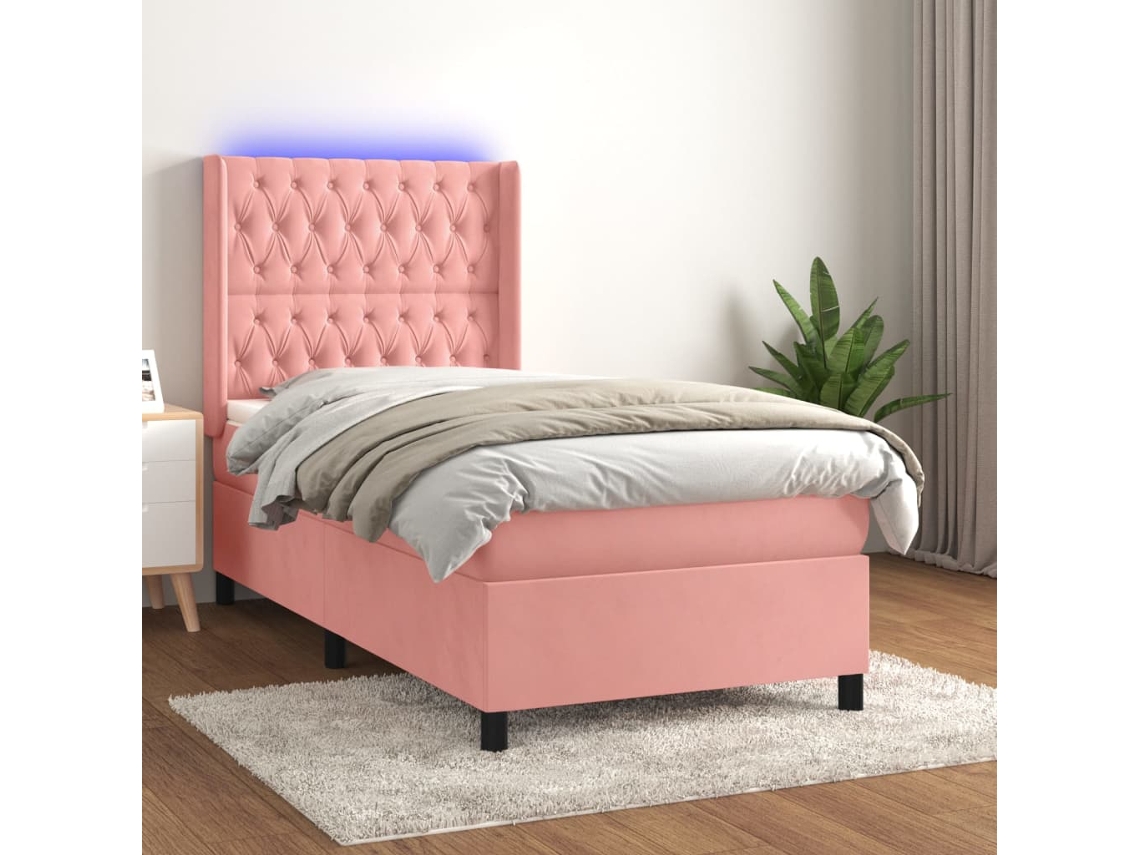 Cama Box Spring Colchón Y Led Terciopelo Rosa 100x200 Cm