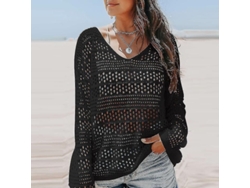 Camiseta de mujer Punto Crochet 2026 con cuello en V y mangas largas en color liso para playa y piscina.