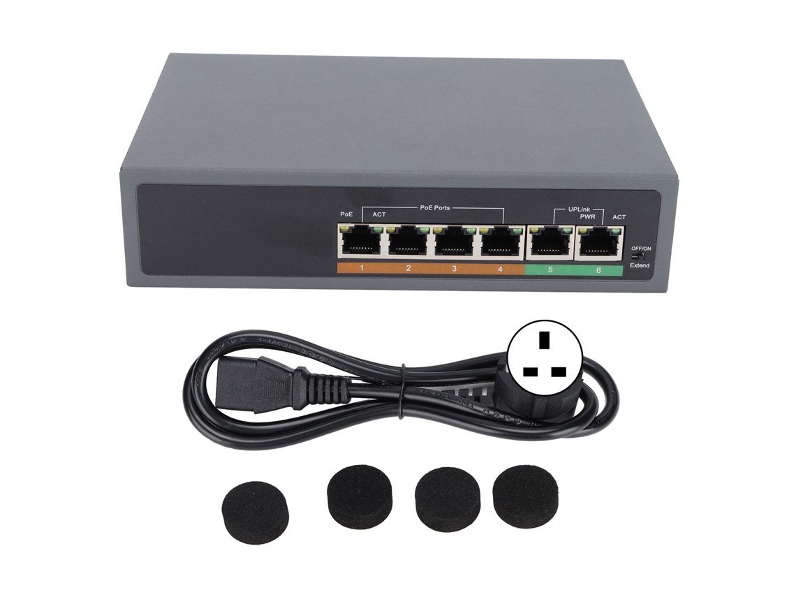 Switch Poe 6 Portas Ieee802.3af/at 100mbps Compacto Silencioso Sem Ventilador Para Ponto De Acesso Uk Plug