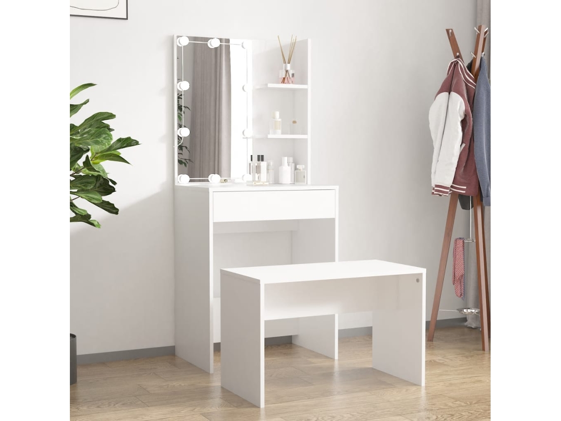Juego De Tocador | Mesa De Vestidor Con Led Madera Contrachapada Blanco