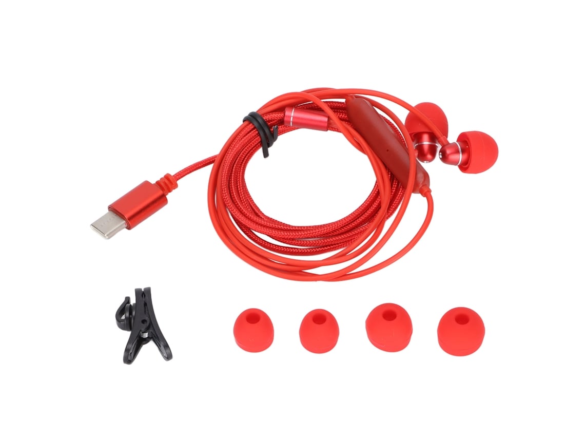 Auriculares Con Cable Usb Tipo C De 1,2 M Con Micrófono Y Control De Volumen En Cable De Nailon Rojo.