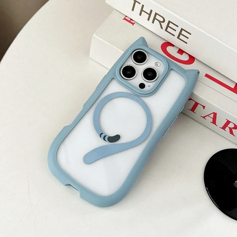 (azul, Iphone 14) Funda Transparente De Tpu Con Orejas De Gato En 3d Para Iphone Con Carga Inalámbrica Magnética.