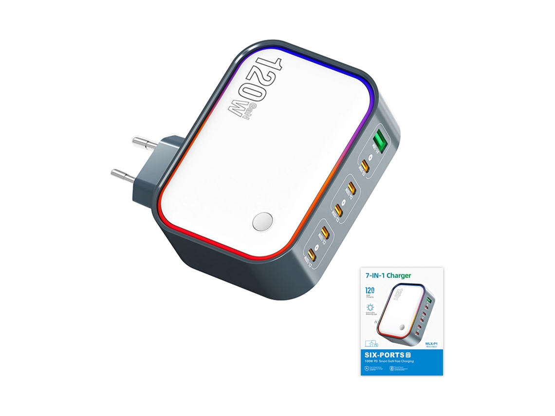 Estación De Carga De 6 Puertos Ga-n De 120w Hub Usb-c Con Enchufe Europeo Multifuncional