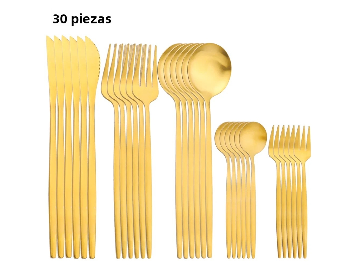 Juego de cubiertos de acero inoxidable de 30 piezas, incluye cuchillo para fruta, cuchara, tenedor y servilleta de cocina. Mdug (dorado)
