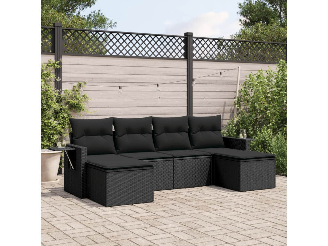 Conjunto de sofá de jardín de 6 piezas con cojines, mimbre sintético negro, DKD Home Decor