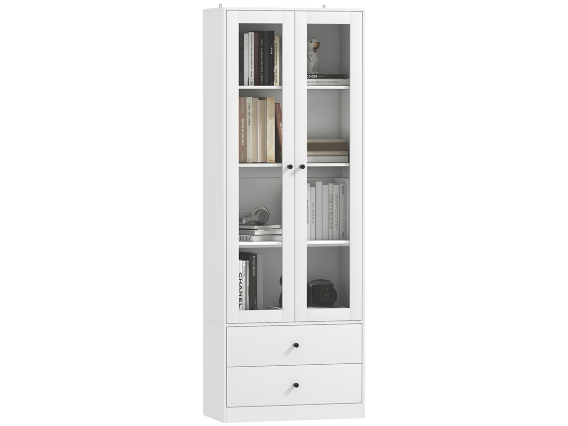 Aparador de Cozinha com Armário e 2 Gavetas, Portas de Vidro e Prateleiras Ajustáveis, 59x30x164 Cm, Branco ZENCORE SERVICES