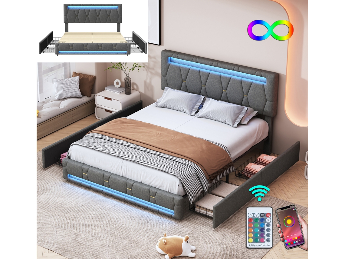 Cama Tapizada 160x200 Cm, Cama De Matrimonio, 4 Cajones, Led Con Control Por App, Tejido De Lino - Gris