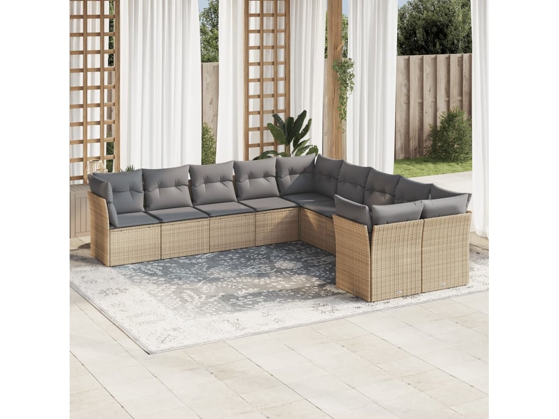 Conjunto de sofá de jardín de 10 piezas con cojines, mimbre sintético beige, Dkd Home Decor