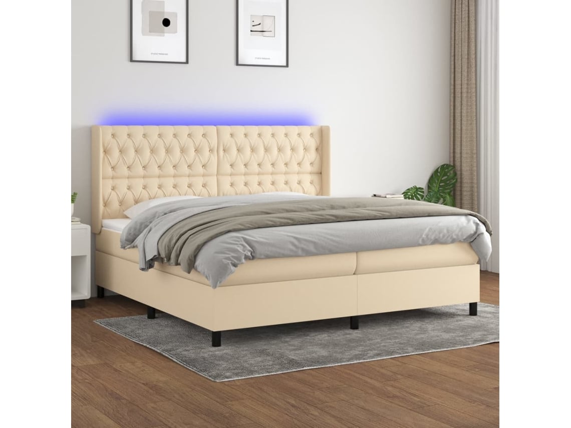 Cama Box Spring Colchón Y Luces Led Tela Crema 200x200 Cm