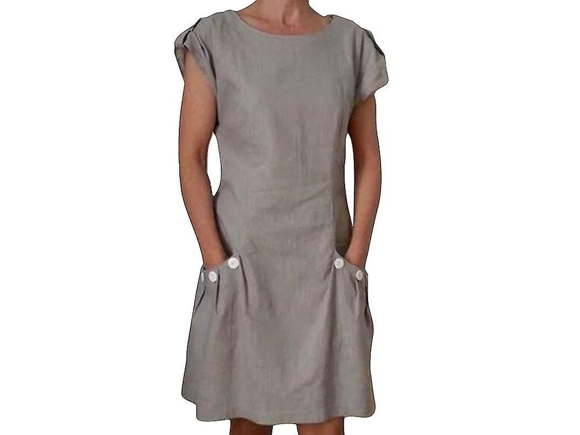 2026-vestido Corto De Manga Corta Para Mujer Con Bolsillos Y Botones Cuello Redondo Verano Casual Algodón
