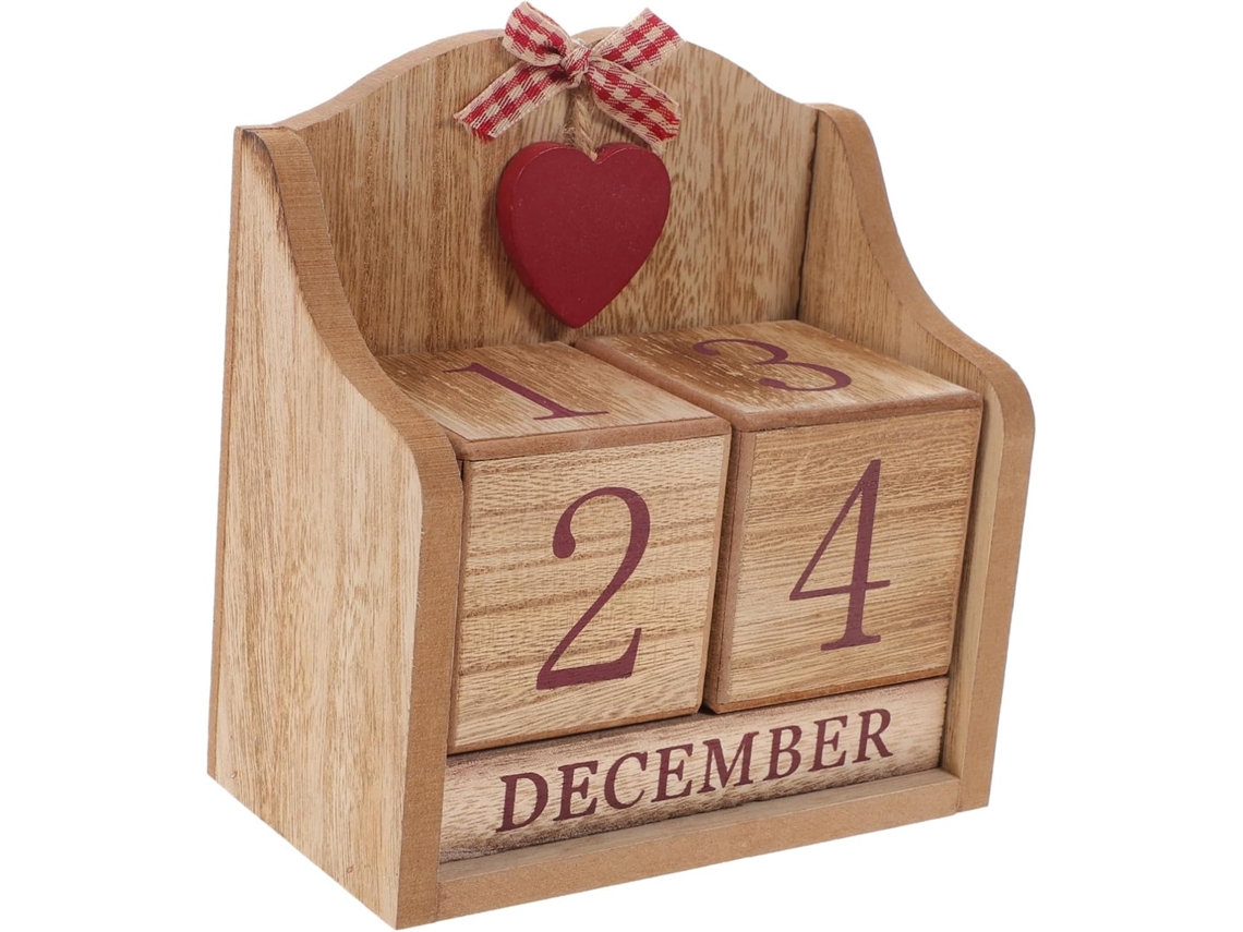 Calendario Perpetuo En Bloques De Madera Impresos En Rojo, De Escritorio Compacto De Natural