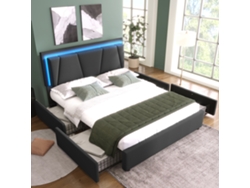 Cama De 140x200 Cm Con Espacio De Almacenamiento, Luces Led, 4 Cajones, Cabecero Ajustable, Color Gris, Colchón No Incluido.