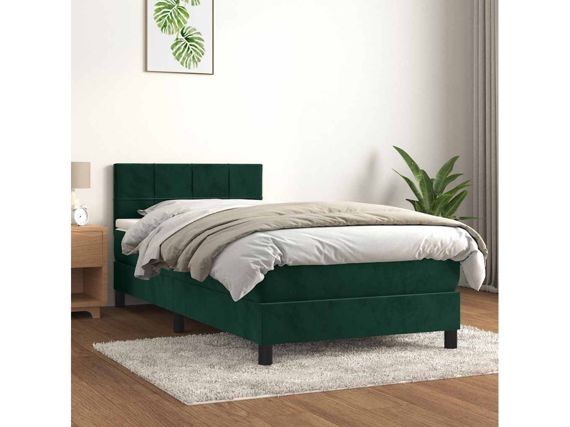 Cama Individual | Cama Box Spring Con Colchón Terciopelo Verde Oscuro 80x200 Cm