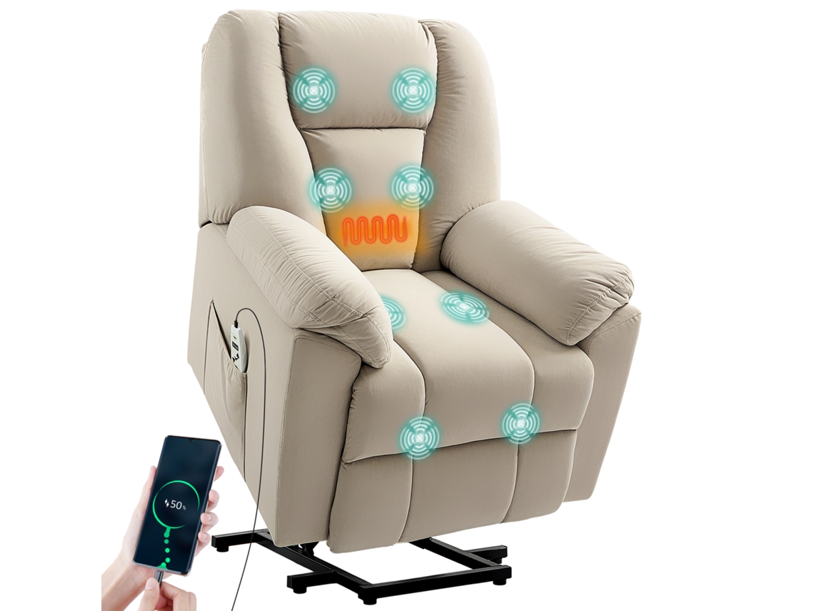 Sillón Reclinable Eléctrico Con Función De Masaje Y Calefacción, Respaldo Reclinable, Puertos Usb, Mando A Distancia, Color Beige.