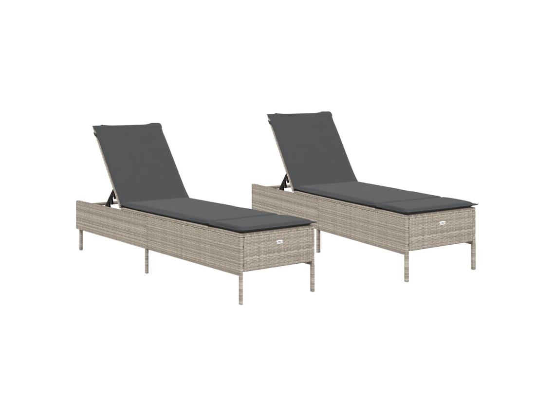 Conjunto de chaise longue de mimbre de 2 piezas con cojines, gris claro, EXCLUSIVO DE LA CASA