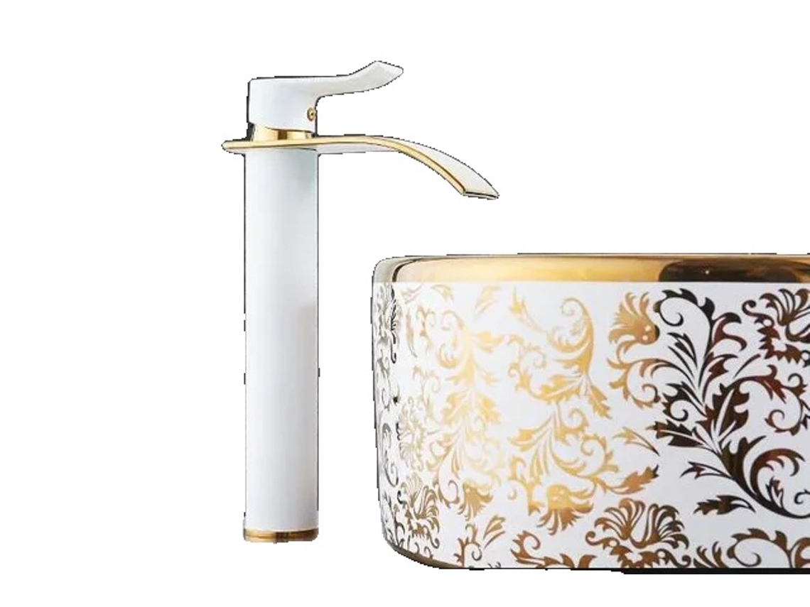 Grifo de baño, acabado dorado, diseño cascada, camiseta blanca y dorada