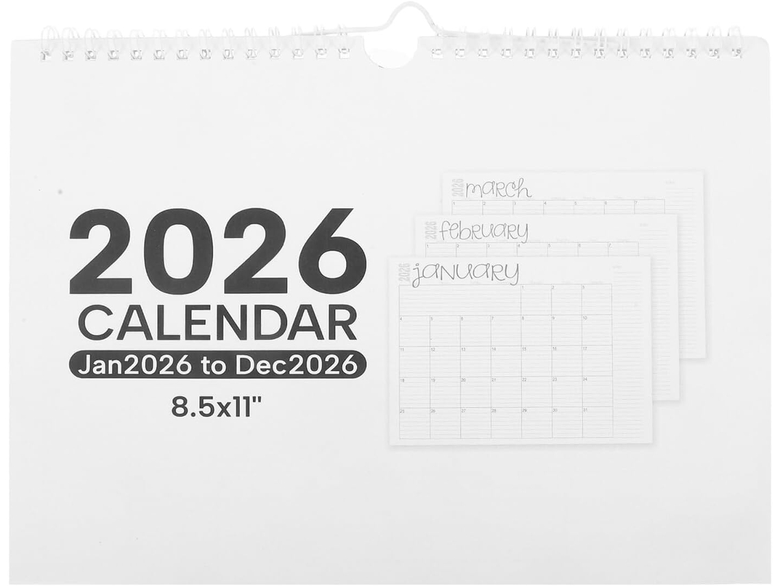 Calendario de pared mensual con espiral para 2026, calendario grande monocromático de papel con festivos, planificador Gokoco