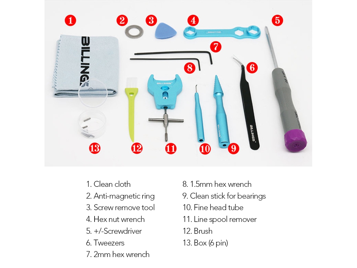 Kit de herramientas para rodamientos de carrete de pesca, aluminio, 13 piezas