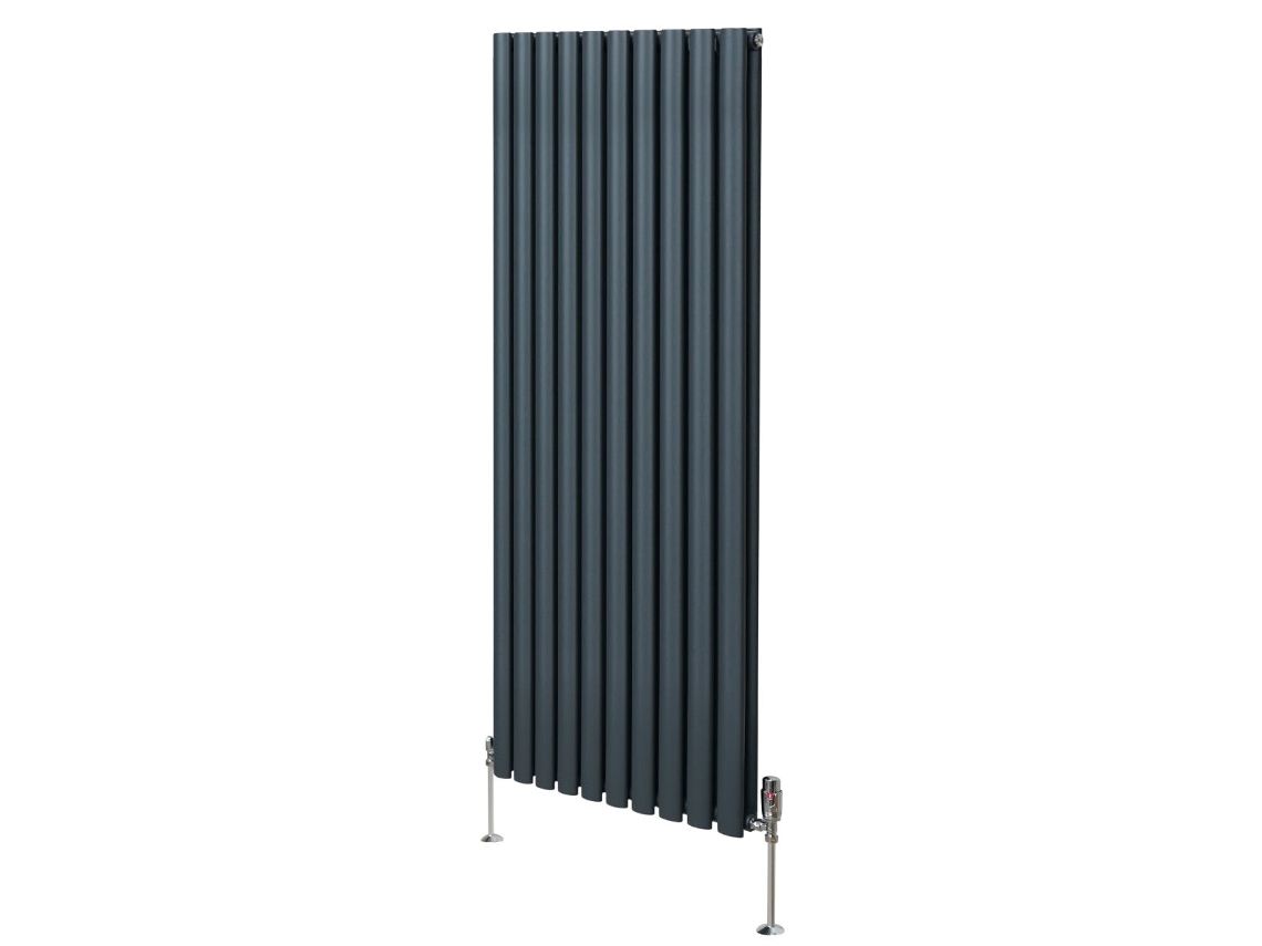 Radiador vertical con columnas ovaladas en antracita de 1600x600 mm en acero al carbono con válvulas termostáticas cromadas, elevado.