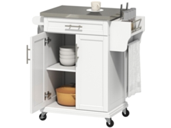 Carrito Para Isla De Cocina Con Ruedas, Encimera De Acero, Estante Ajustable, Cajón, Especiero, Blanco.
