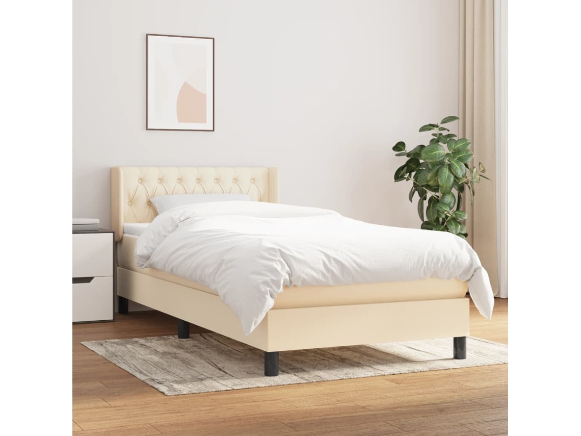 Cama Box Spring Con Colchón Tela Color Crema 90x190 Cm