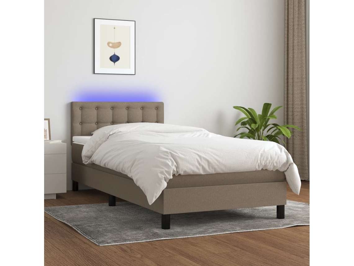 Cama Box Spring Colchón Y Luces Led Tela Gris Taupe 100x200 Cm