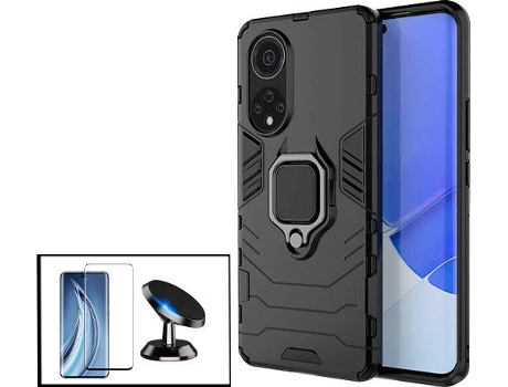 Kit Protector de Cristal Templado 5D Full Cover, Funda 3X1 Military Defender y Soporte Magnético de Coche Huawei Nova 9 PHONECARE Negro