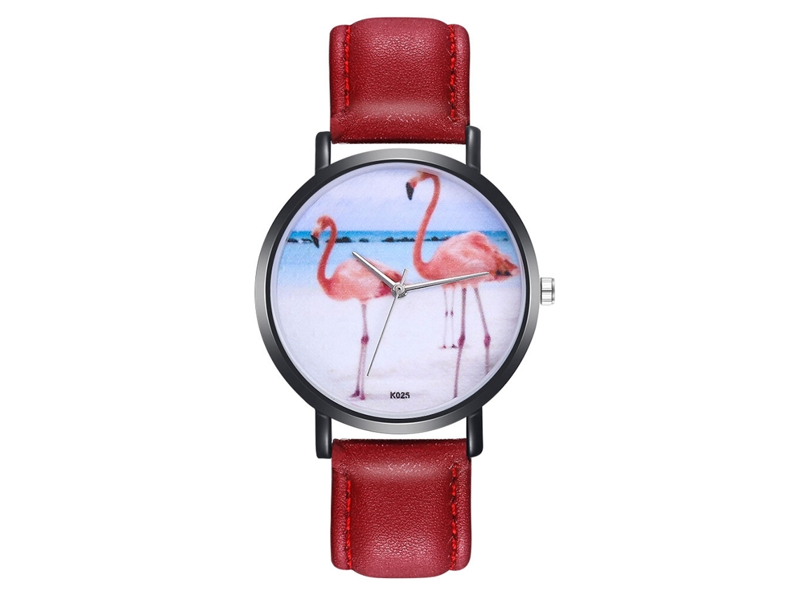 Reloj De Pulsera Unisex Con Correa De Piel Sintética E Ilustración De Flamenco Rojo.