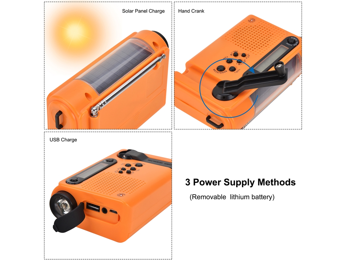 2026-radio De Emergencia Portátil Al Aire Libre Hanrongda Am Fm Sw Solar Con Linterna Led, Mando Manual, Alarma Sos Y Batería 2000mah