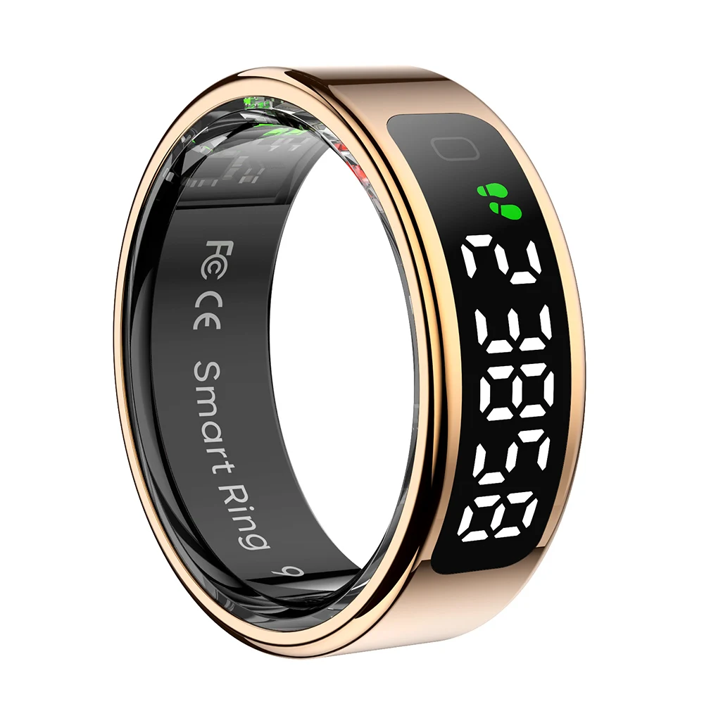(talla 8, Dorado) Anillo Inteligente Con Pantalla, Control Táctil Inteligente, Resistente Al Agua Y Compatible Con Carga Inalámbrica.