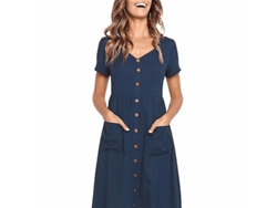 Vestido midi informal de verano para mujer, modelo 2026, con mangas cortas, escote en V, corte en A, botones y bolsillos.