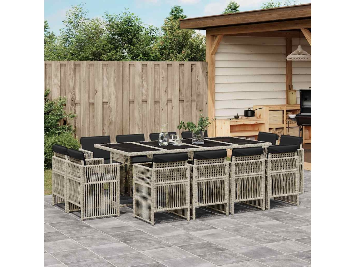 Juego de comedor de jardín de 13 piezas con cojines de mimbre gris claro, Dkd Home Decor