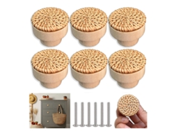 Conjunto De 6 Pomos De Mueble Redondos Artesanales De Ratán Para Cómodas Y Cajones, Material Cáñamo Y Ratán, Color Madera Natural
