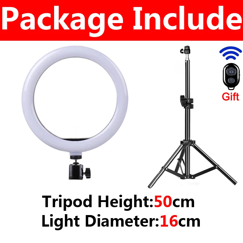 Anillo de luz LED para selfies de 16 cm con control remoto y trípode de 50 cm para videos en vivo de YouTube, 1 pieza, modelo D