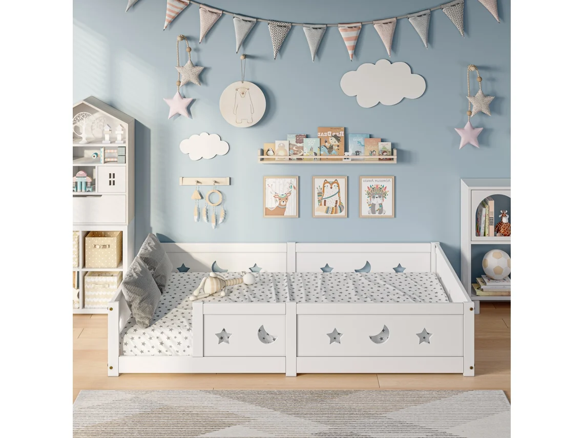 Cama infantil 140x200 cm, cama de madera maciza con estructura rígida antivuelco y cabecero regulable, Norma, Color Blanco.