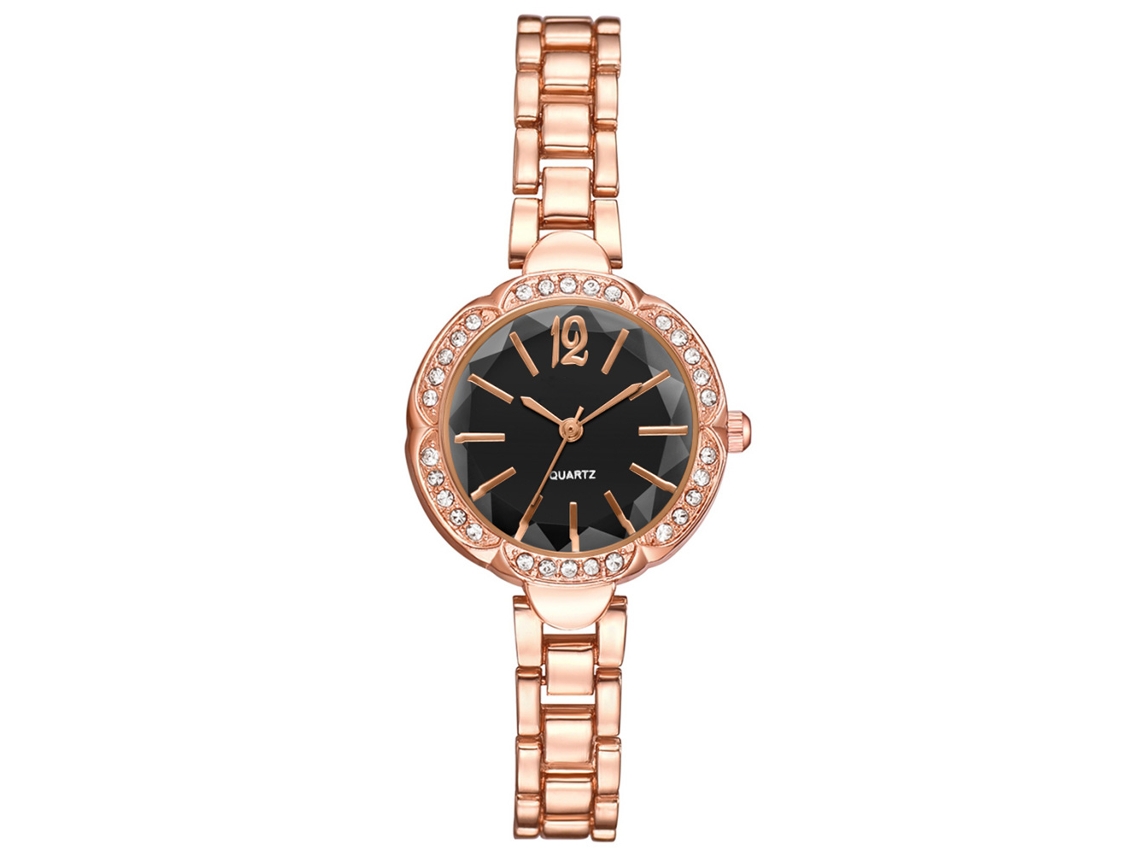 Reloj De Pulsera De Cuarzo Para Mujer Con Diamantes De Imitación, Brazalete De Aleación De Acero, Oro Rosa, Negro.