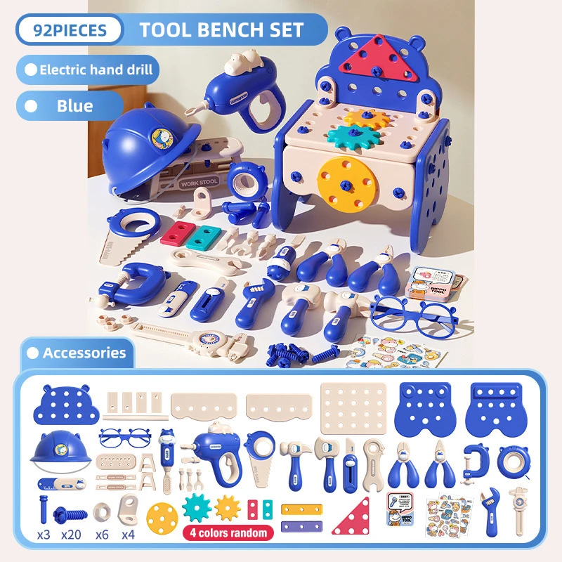 (juego De 92 Piezas, Azul) Caja De Herramientas De Simulación Para Niños, Que Incluye Brocas, Tornillos, Etc., Juego De Montaje Multifuncional.