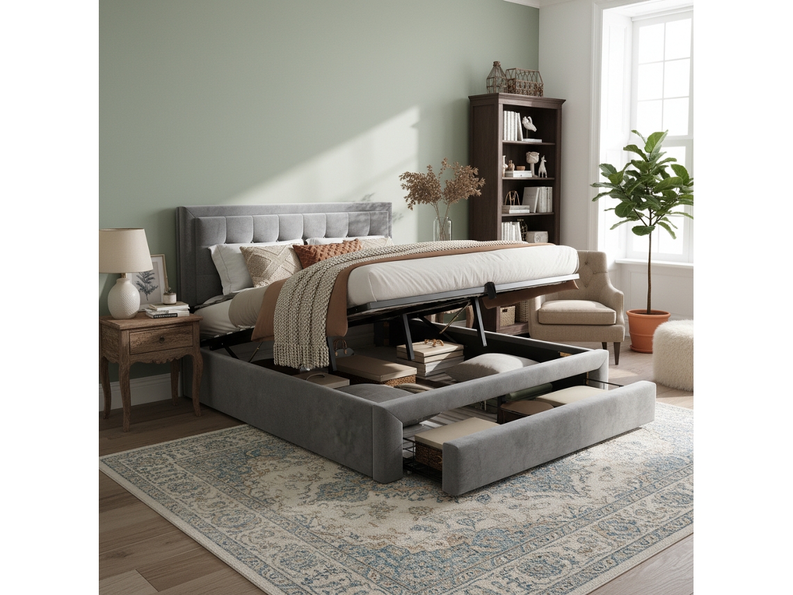 Cama Tapizada En Terciopelo Con Cajones, De 140x200 Cm, Con Amplio Espacio De Almacenamiento Y Somier De Láminas Incluido, En Color Gris.