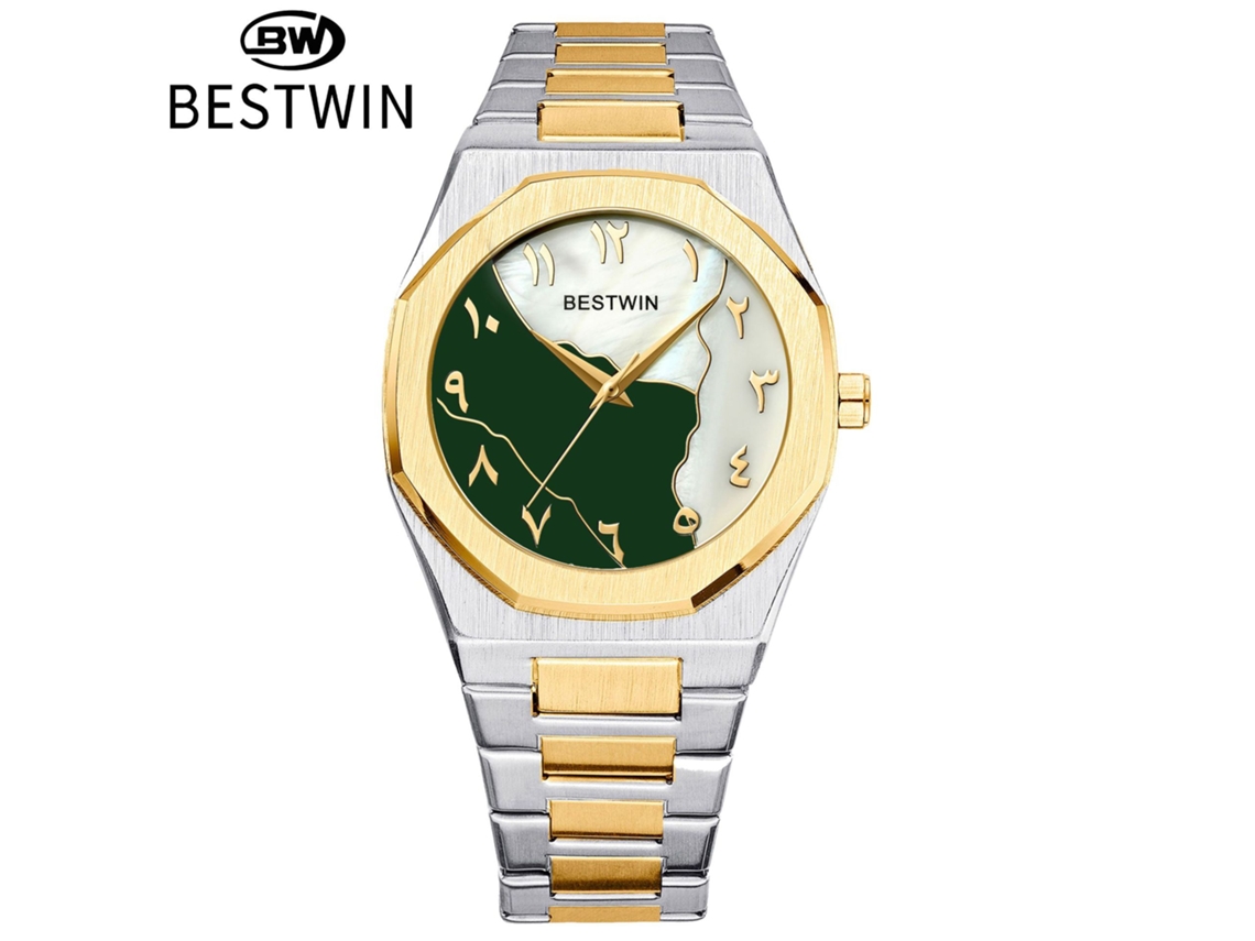 Reloj de pulsera MDUG para hombre, bicolor verde, con nácar.