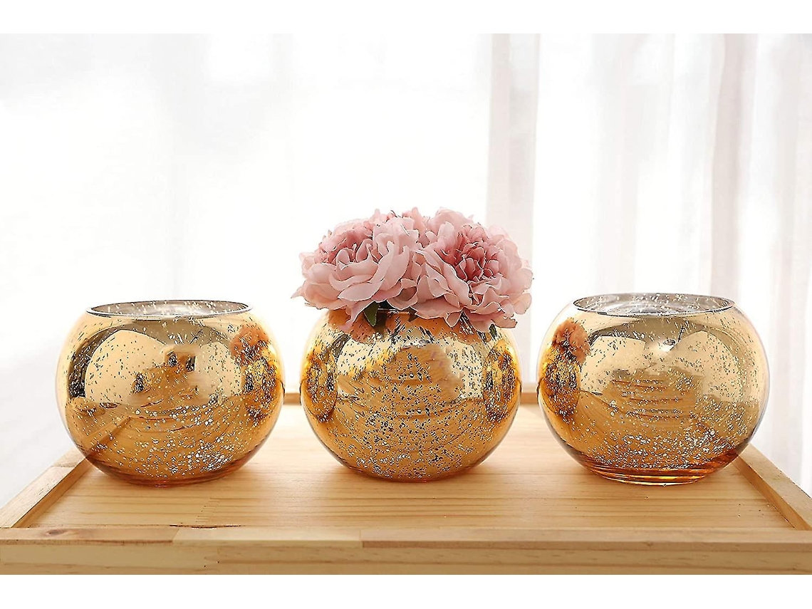 Omni-set De 3 Jarrones Redondos Dorados De Cristal Con Brillo Para Decoración De Mesa, Bodas Y Fiestas
