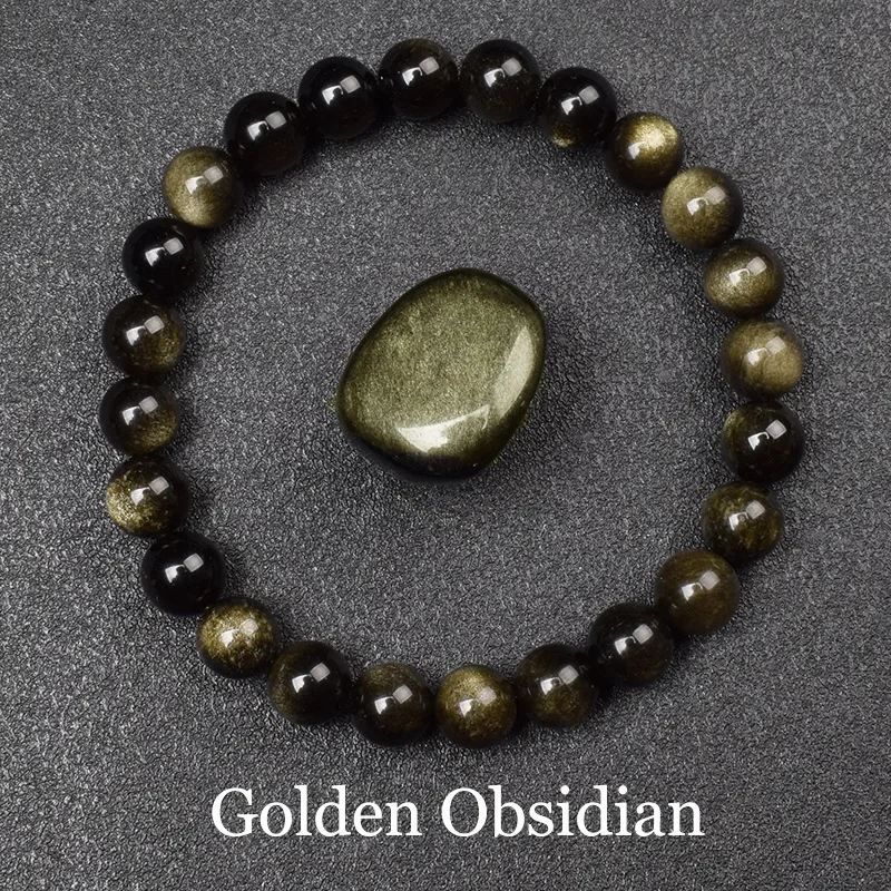 Pulsera De Cuentas De Piedra Natural (obsidiana Chapada En Oro De 21 Cm), Amuleto Curativo De Yoga Y Reiki, Pulsera De La Suerte