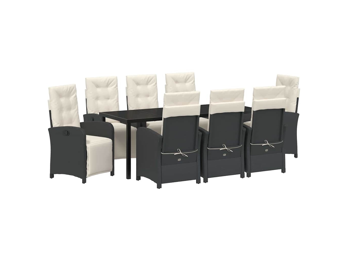 Juego de comedor de 9 piezas de mimbre negro con cojines. EXCLUSIVO DE MAISON.