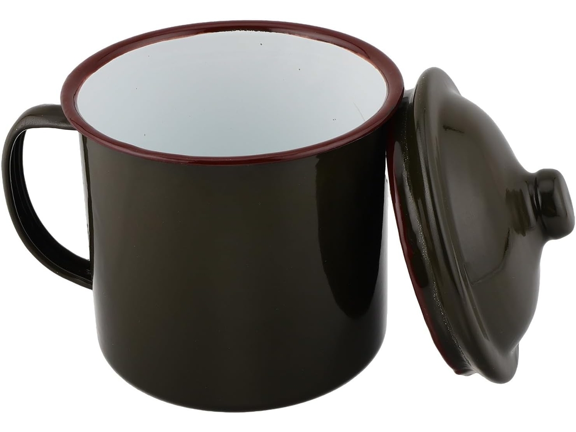 Taza de camping vintage de esmalte, 700 ml, con tapa.