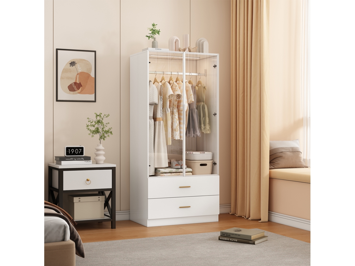 Amplio armario blanco con 3 puertas de cristal y 2 cajones - 80x50x175cm - Con luz LED