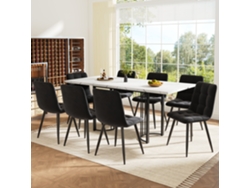 Mesa de comedor y 8 sillas con tablero de MDF, estructura de metal y cojines de terciopelo blanco y negro.