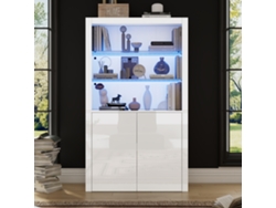 Mesita auxiliar para sofá de 100x35x170 cm - Armario de almacenamiento de alto brillo con luces LED, vitrina de cristal templado - Blanco