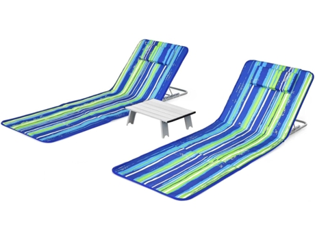 Set de 2 Esterillas de Playa con Respaldo Plegable y 1 Mesita, Set Tumbonas Regulables, Sillas Regulables Portátiles para Playa Patio Camping COSTWAY