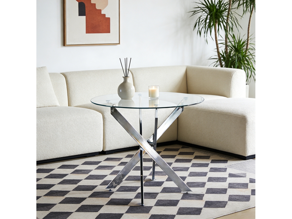 Mesa Redonda De Cristal En Forma De Cruz Con Acabado Cromado Y Plateado, 80x80x75cm