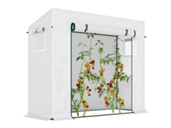 Invernadero de jardín de 200x76x168 cm con patas de acero, bordes extendidos y puerta enrollable, color blanco.