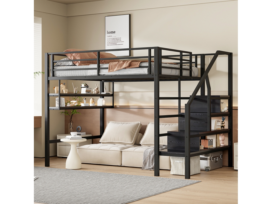 Cama Alta De 140x200 Con Estantes Y Escalera, Acabado En Negro.